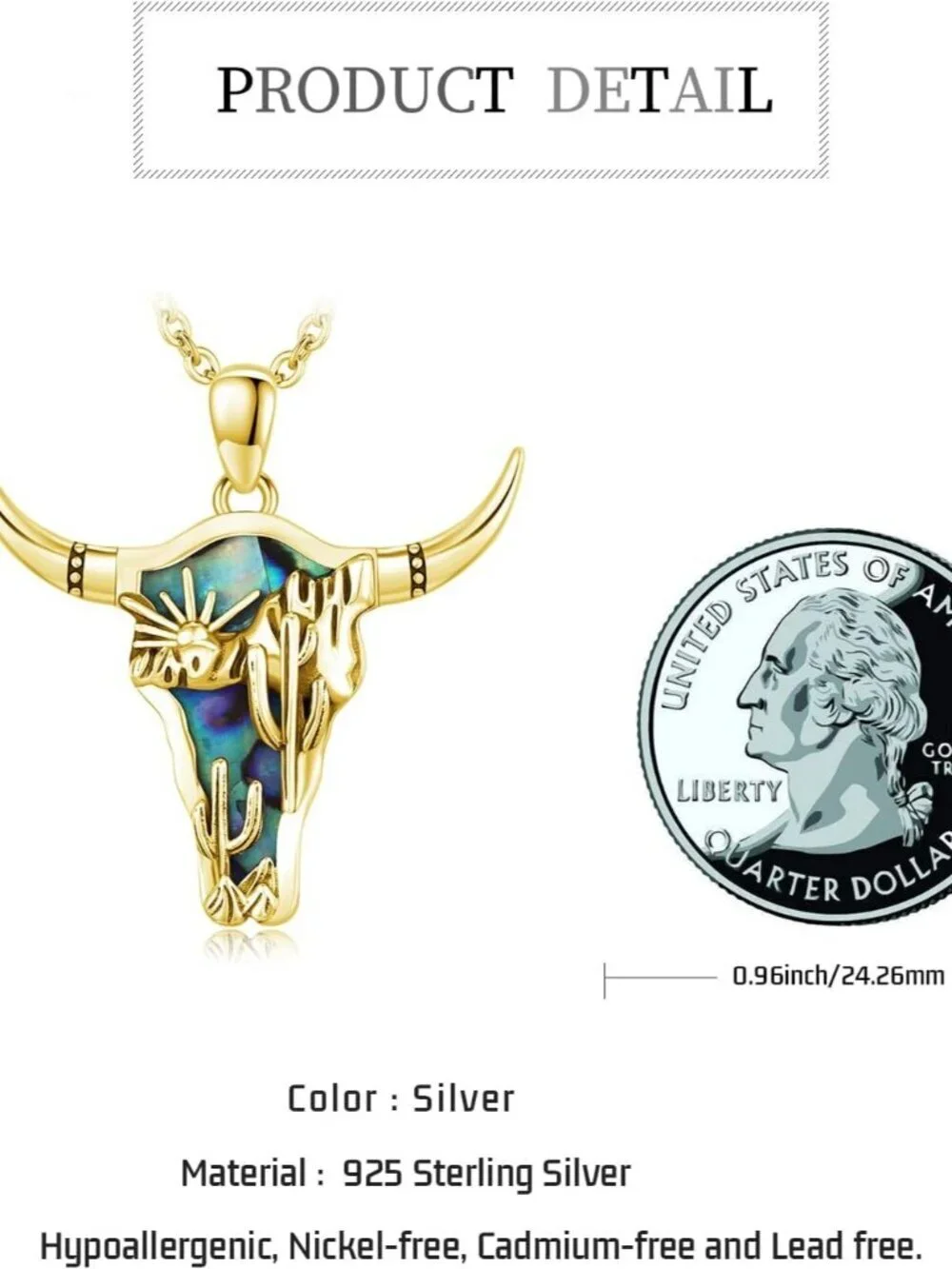 Women's Gold B Sterling Turquoise Pendant Highland Cow Skull Western Necklace